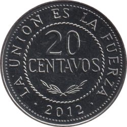 Bolívia-2012-20 Centavos-Rozsdamentes acél-UNC-Pénzérme
