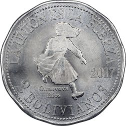Bolívia-2017-2 Bolivianos-Rozsdamentes acél-UNC-Pénzérme