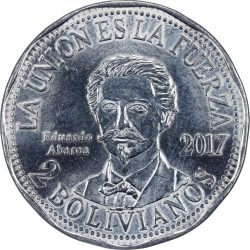Bolívia-2017-2 Bolivianos-Rozsdamentes acél-UNC-Pénzérme