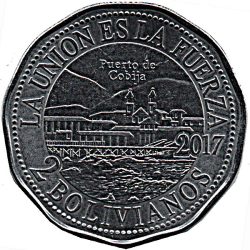 Bolívia-2017-2 Bolivianos-Rozsdamentes acél-UNC-Pénzérme