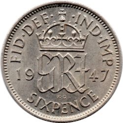 Nagy-Britannia-1948-6 Pence-Réz-Nikkel-VF-Pénzérme