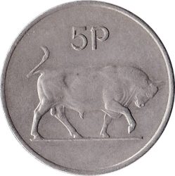Írország-1969-1990-5 Penny-Réz-nikkel-VF-Pénzérme