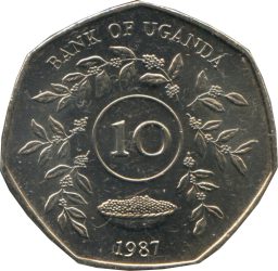 Uganda-1987-10 Shiling-Nikkelezett acél-XF-Pénzérme