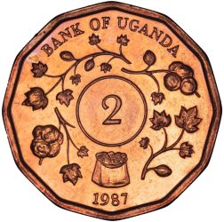 Uganda-1987-2 Shiling-Rézbevonatú acél-UNC-Pénzérme